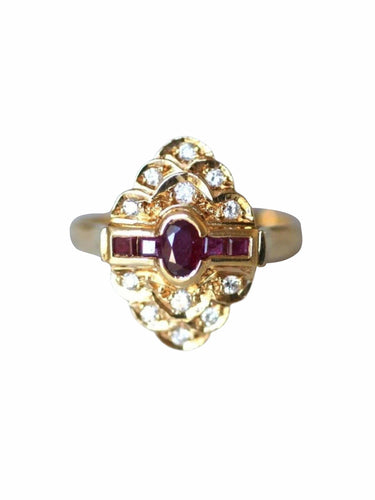 Bague de fiançailles vintage rubis entourage diamants sur or jaune 58 Facettes