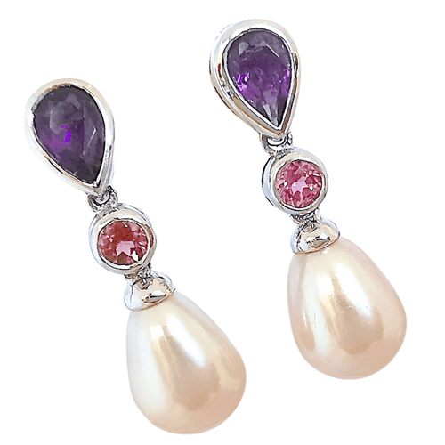 Boucles d'oreilles Pendantes perles de culture, améthystes, tourmalines 58 Facettes AA 1559