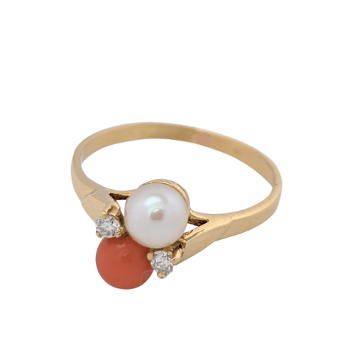 Bague 54 Toi et Moi en or jaune diamants Perle Corail 58 Facettes 25163