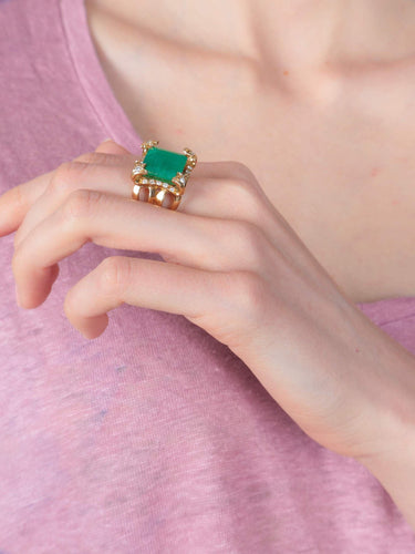 Bague Bague Cocktail Or Jaune Emeraude & Diamants 58 Facettes