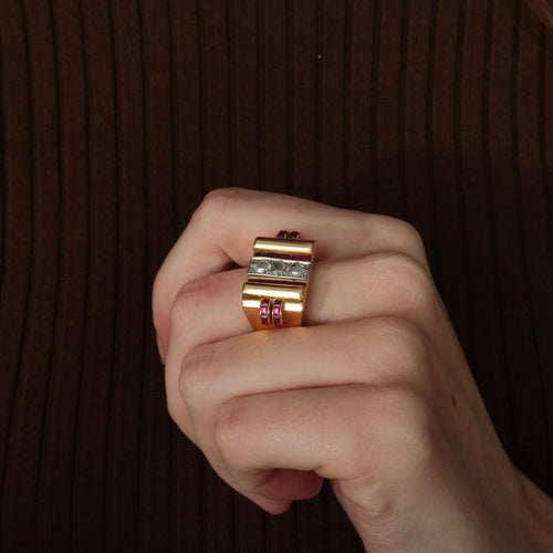 Bague 52 Bague Tank Diamants et pierres rouges 58 Facettes