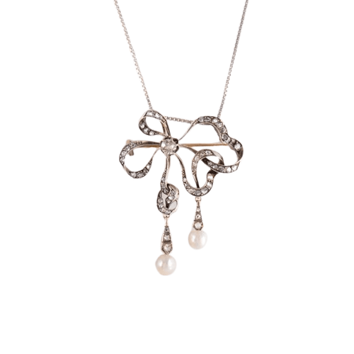 Collier Broche pendentif Noeud Diamants Perles 58 Facettes