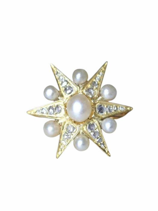 Bague étoile ancienne en or jaune, diamants, et perles fines 58 Facettes