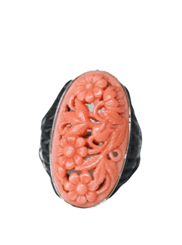 Bague Bague style Art Déco Corail, Onyx et Diamants 58 Facettes