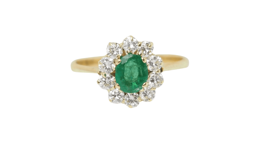 Bague 56 Bague marguerite en or jaune, émeraude et diamants 58 Facettes 32535