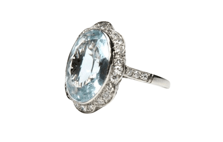 Bague 54.5 Bague de style Art Déco en platine avec diamants et aigue-marine centrale 58 Facettes