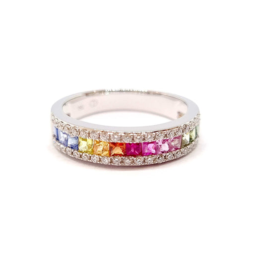 Bague Bague or blanc 18 carats saphirs multicolore & diamants 58 Facettes