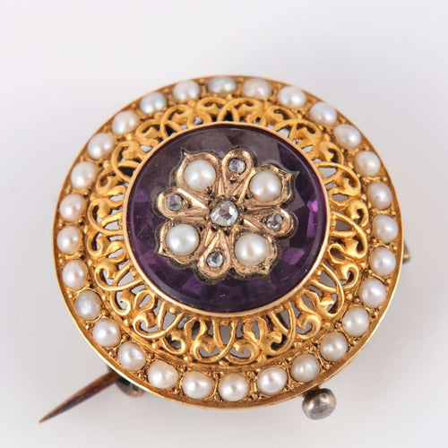 Broche Broche Fleur d'améthyste Perles Diamants 58 Facettes 1