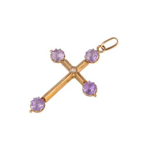 Pendentif Croix ancienne ornée d'améthystes et perle 58 Facettes