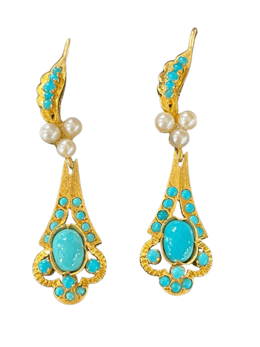 Boucles d'oreilles Pendants d'Oreilles Or, Turquoises Et Perles 58 Facettes