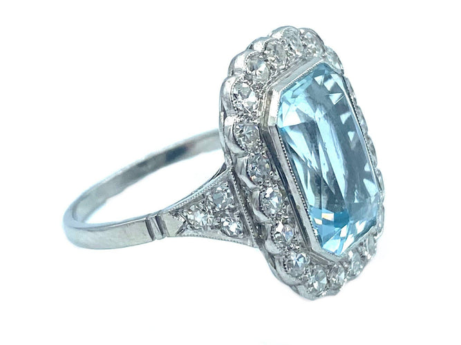 Bague Bague Belle Époque platine, aigue-marine et diamants 58 Facettes