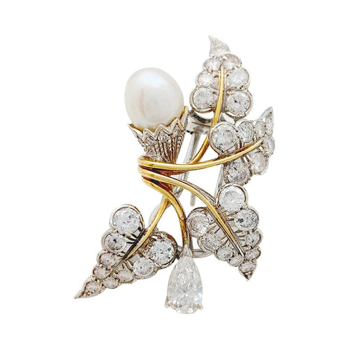 Boucles d'oreilles Boucles d'oreilles "Feuillage" bicolore, diamants et perles. 58 Facettes 31178