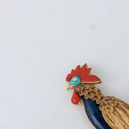 Broche Champagnat - Broche coq, corail et lapis lazuli 58 Facettes
