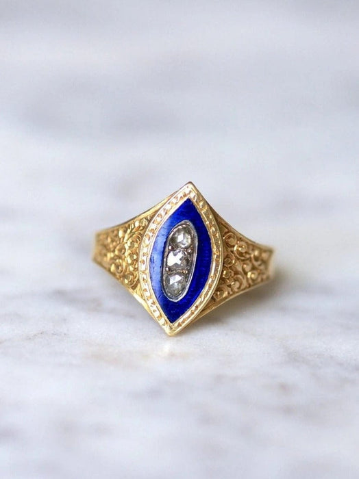 Bague marquise ancienne en or jaune et diamant sur émail bleu 58 Facettes