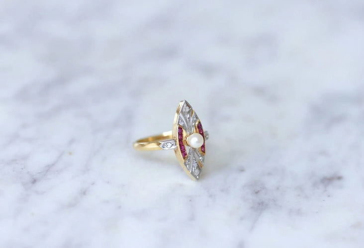 Bague Bague Marquise Art Deco perle, diamants 58 Facettes