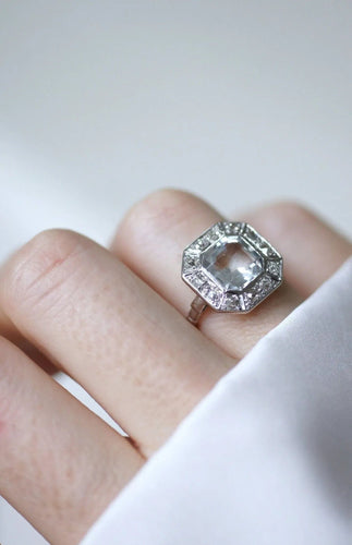 Bague 55 Bague Art Déco hexagonale aigue-marine diamants 58 Facettes