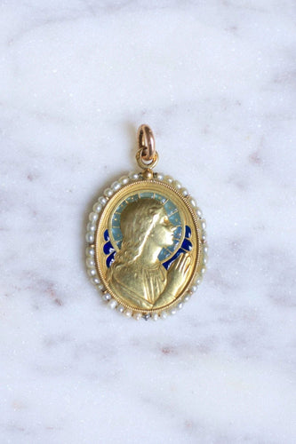 Pendentif Médaille ancienne en or, Vierge Marie, émail et perles 58 Facettes