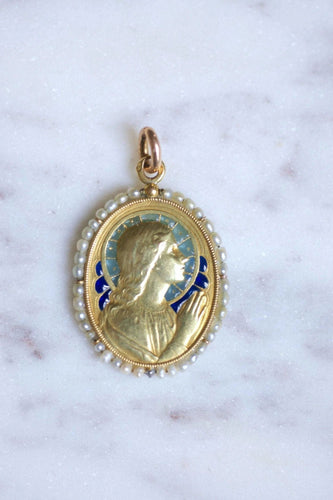 Pendentif Médaille ancienne en or, Vierge Marie, émail et perles 58 Facettes