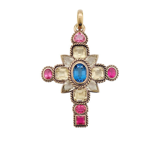 Pendentif Pendentif croix en or rose, citrines, tourmalines et tanzanite. 58 Facettes 31139