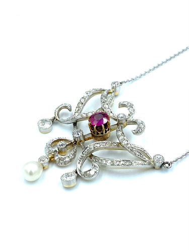 Collier Pendentif Négligé Belle Epoque or, platine, rubis et diamants 58 Facettes