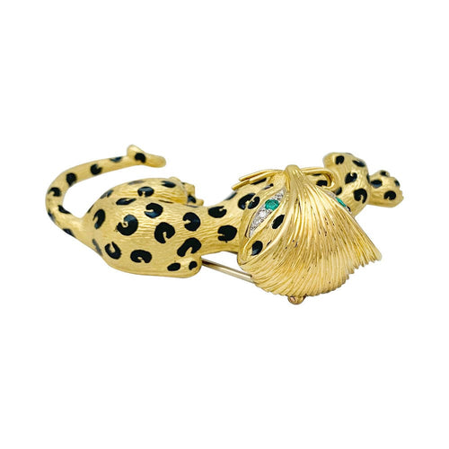 Broche Broche Fred "Léopard" en or jaune, diamants, émail et émeraudes. 58 Facettes 32381