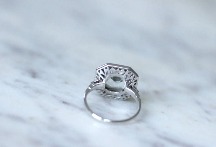 Bague 55 Bague Art Déco hexagonale aigue-marine diamants 58 Facettes