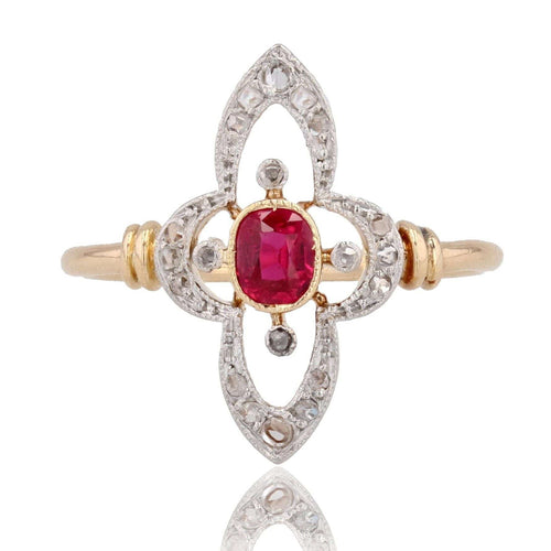 Bague 56 Bague ancienne rubis diamants trèfle élancé 58 Facettes 22-567