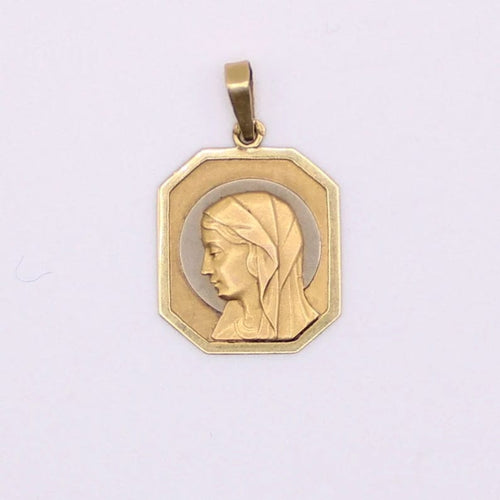 Pendentif Médaille religieuse octogonale Vierge de profil auréolée d’or blanc 58 Facettes