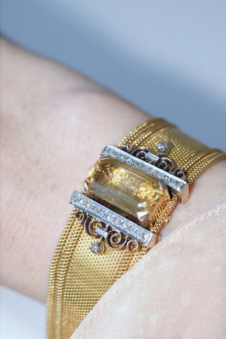 Bracelet Bracelet manchette maille milanaise, diamants et citrine 58 Facettes