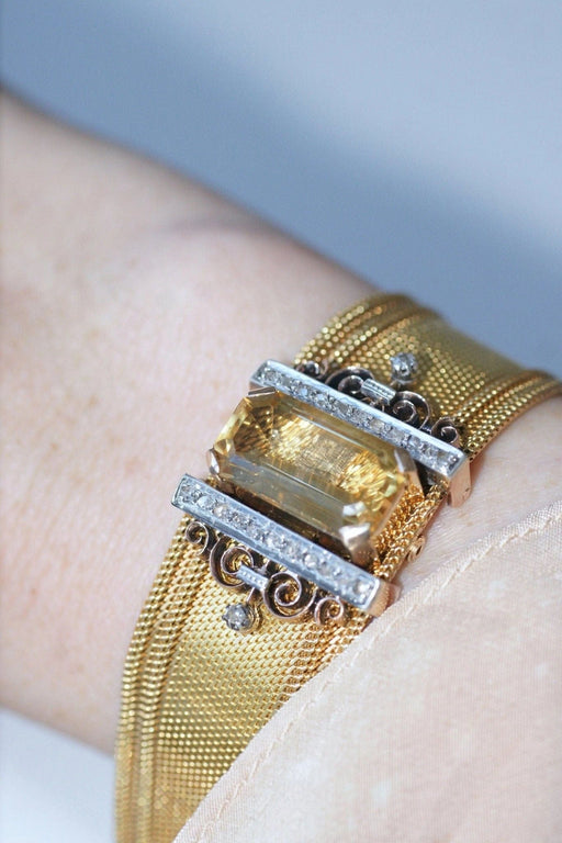 Bracelet Bracelet manchette maille milanaise, diamants et citrine 58 Facettes