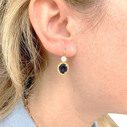 Boucles d'oreilles Dormeuses or jaune, saphirs et diamants. 58 Facettes 32707