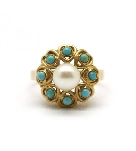Bague 51 / Jaune / Or 750 Bague  perle et turquoises 58 Facettes 190009R