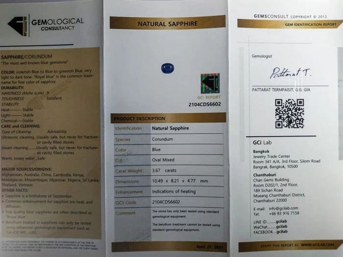 Gemstone Saphir bleu chauffé 3,67cts certificat GCI 58 Facettes 270