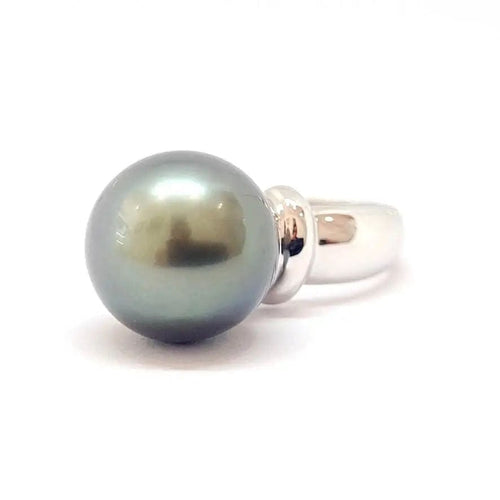 Bague Solitaire perle de Tahiti or blanc 18 carats 58 Facettes