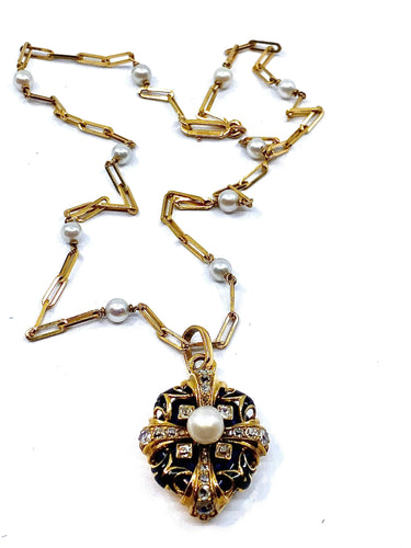 Collier Pendentif sur chaîne émail perles diamants Napoléon III 58 Facettes