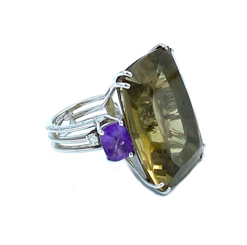 Bague Antonini. Bague or blanc quartz, améthystes et diamants 58 Facettes