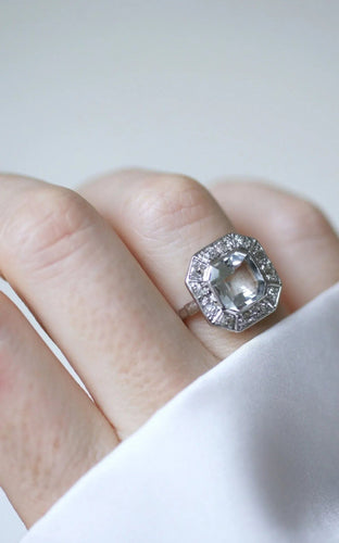 Bague 55 Bague Art Déco hexagonale aigue-marine diamants 58 Facettes