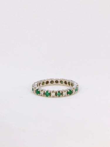 Bague Alliance américaine en or blanc, diamants et émeraudes 58 Facettes J46