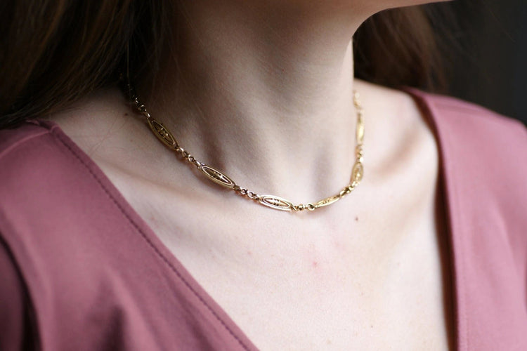 Collier Chaîne de montre ancienne maille filigrane en or jaune 58 Facettes