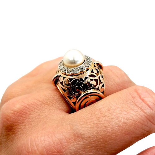 Bague 61 Bague or jaune perle et diamants 58 Facettes 2549