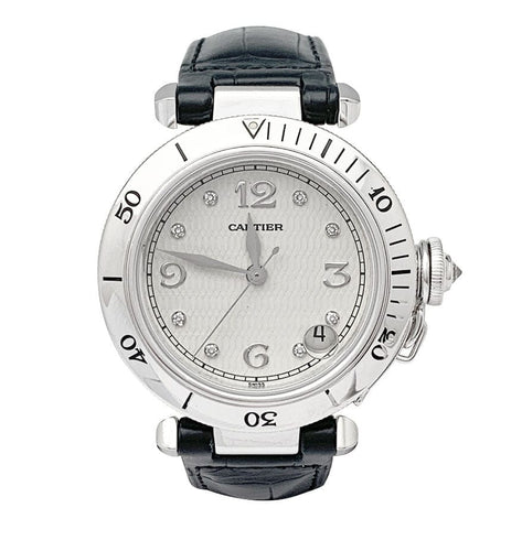 Montre Montre Cartier ,"Pasha", or blanc, diamants et cuir. 58 Facettes 32001