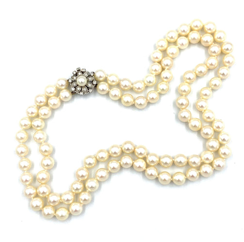 Collier Collier double rangs perles, fermoir or blanc et diamants 58 Facettes