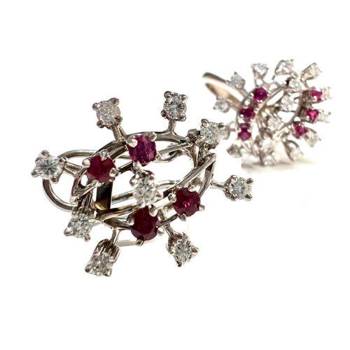 Boucles d'oreilles ENSEMBLE BAGUE BOUCLES D'OREILLES RUBIS DIAMANTS RÉTRO 58 Facettes Q925A