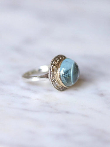 Bague vintage topaze bleue et diamants sur or et argent 58 Facettes