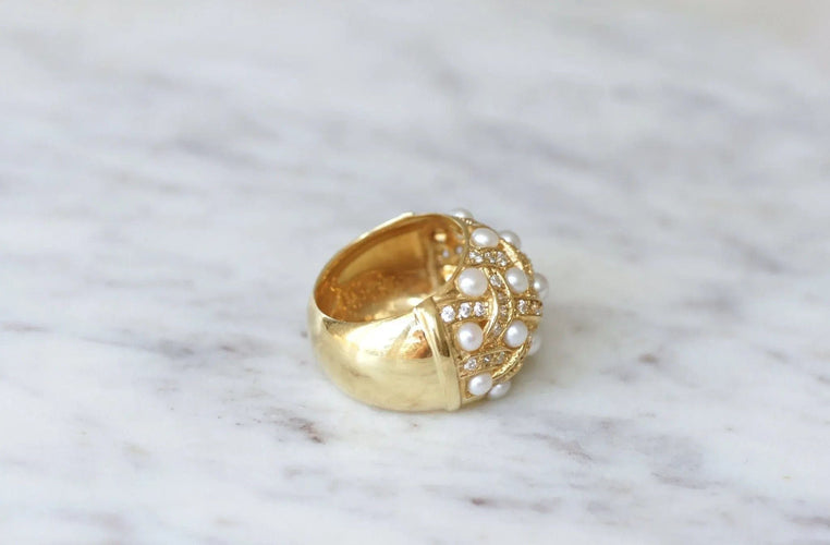 Bague Bague jonc croisillons perles et diamants 58 Facettes