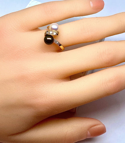 Bague 50.5 Bague en or jaune 18 carats, perle de Tahiti, perle de culture blanche et diamants 58 Facettes AB264