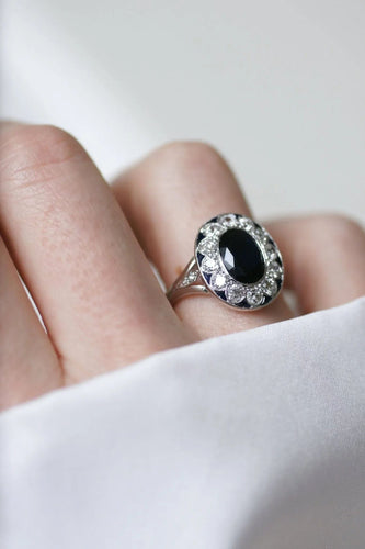 Bague 55 Bague pompadour Art Déco Or blanc Platine Saphir Diamants 58 Facettes