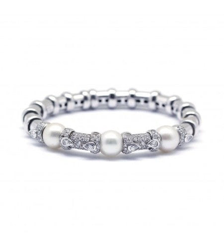 Bracelet Tour de poignet : 15.5 cm / Blanc/Gris / Or 750 Bracelet flexible  perles et diamants 58 Facettes R200092