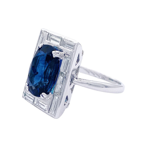 Bague 53 Bague or blanc, saphir 3,84 cts et diamants baguettes. 58 Facettes 32602