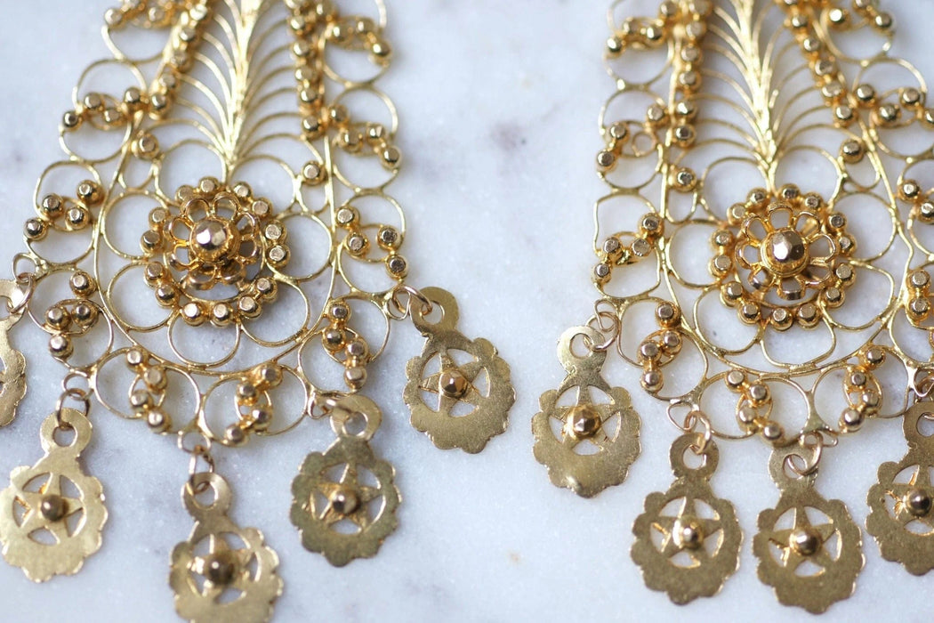 Boucles d'oreilles gouttes pendantes orientales en or jaune filigrané, vintage 58 Facettes